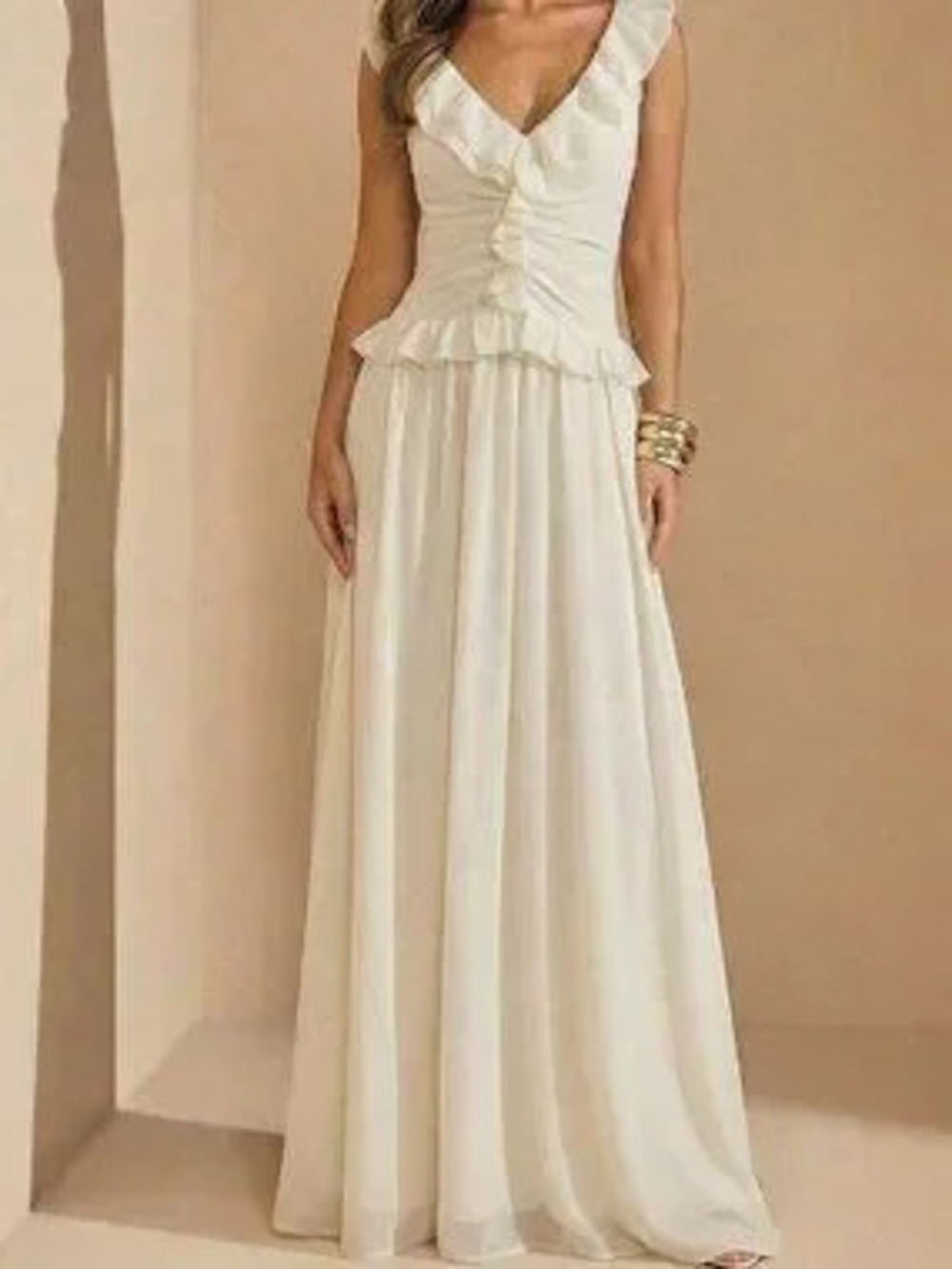 ZARA Apricot Sexy Women's Plain Sleeveless V Neck Flared A Line Maxi Dress - Picture 4 of 7